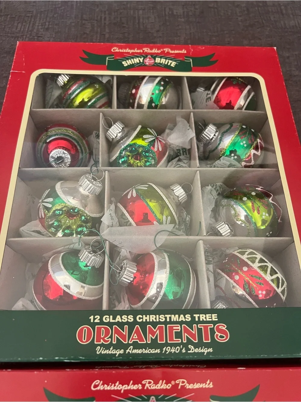 Christopher Radko Red and Green Vintage design ornaments. Lot of 4 boxes